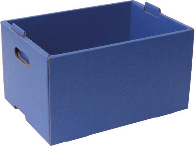 The image shows a rectangular, blue cardboard storage box. It has two side grip holes and is open at the top for easy placement of items.