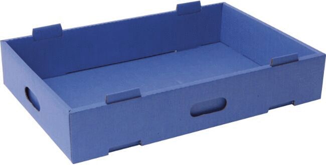 The image shows a rectangular, blue cardboard storage box. It has two side handles and is open, with slightly raised edges. The surface is empty and smooth.