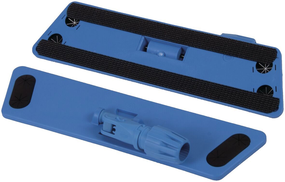 The image displays two blue mop holders. Both holders feature a non-slip surface. One is positioned above the other, slightly offset, with a central joint for rotation.