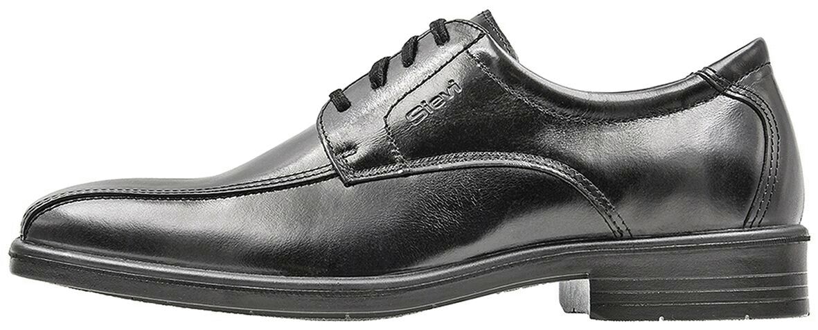 The shoe is a black, smooth leather shoe with a classic shape. It has a flat outsole and a simple lacing. Ideal for formal occasions.