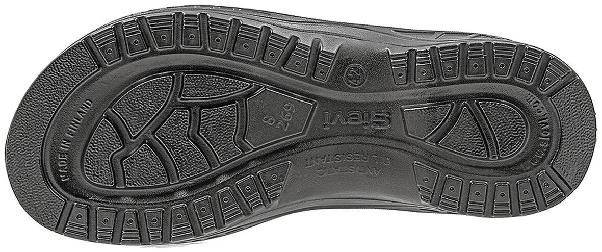 The image shows the sole of a shoe. It is black with a textured pattern of grooves and bumps. On the sole, it reads "Sigar" and "Made in Finland". The shape is oval with curved edges.