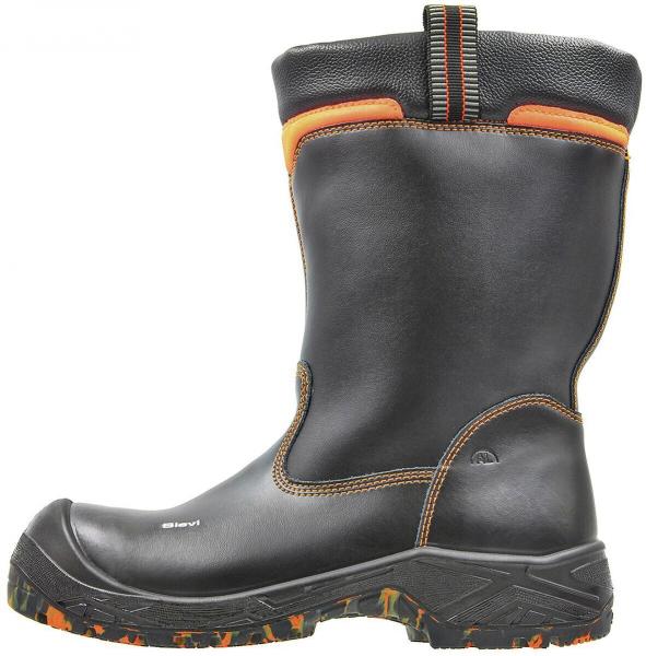 The image shows a black boot with orange accents. It has a tall, sturdy shape, a grippy sole, and is suitable for adverse conditions.