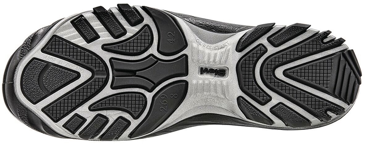 The image shows the sole of a sports shoe. It is predominantly black with gray and white accents. The sole features a textured pattern with various tread designs for good traction.