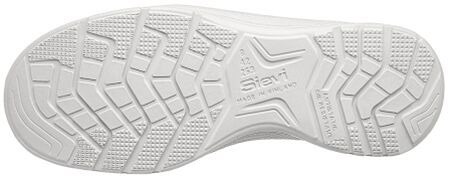 The image shows the sole of a shoe. It is white and features a textured pattern with various grooves and indentations that provide good traction.