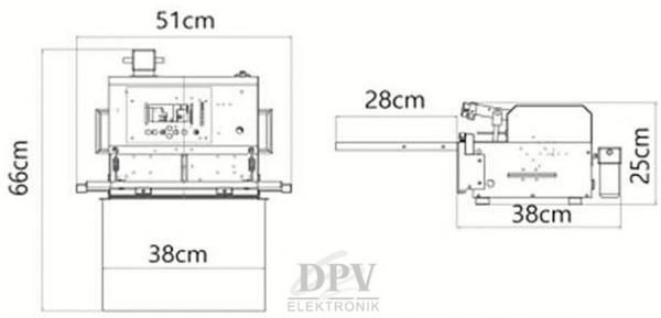 The image displays technical drawings of a device. The top shows a front view with dimensions of 51 cm in width, 66 cm in height, and 38 cm in depth. To the right is the side view with additional dimensions.