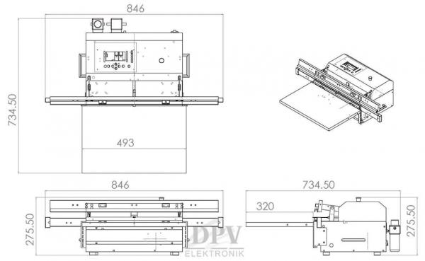 The image displays technical drawings of a device from various perspectives: front view, top view, and side view, with specific dimensions given in millimeters.