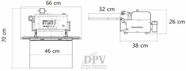 The image displays technical drawings of a device. The dimensions are provided: height 70 cm, width 66 cm, depth 46 cm. One side also shows a width of 32 cm and a height of 26 cm.