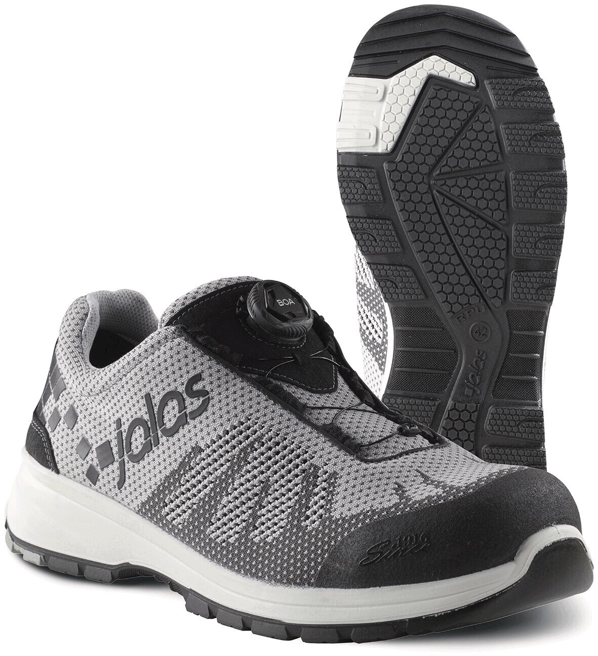 The image displays a gray, sporty shoe with a black rubber sole. It features a breathable upper and a laceless BOA closure system for easy adjustment.