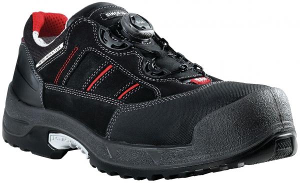 The image shows a black safety shoe with red lining and red accents. It features a sturdy, non-slip sole and a reinforced toe cap for additional protection.