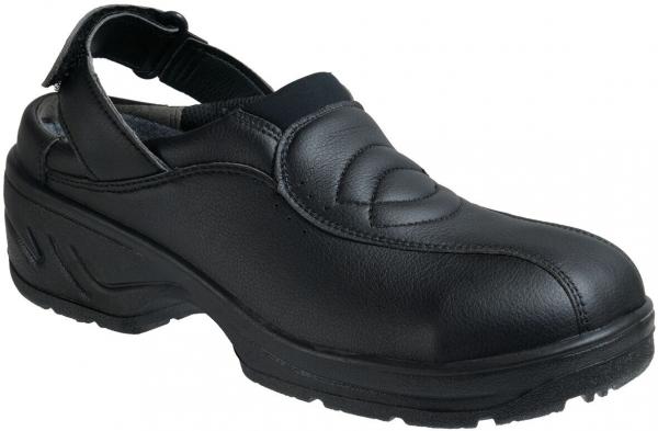 The shoe is black, made of leather, and has no tongue. It features an open heel area with an elastic strap and a slightly textured sole for good grip.