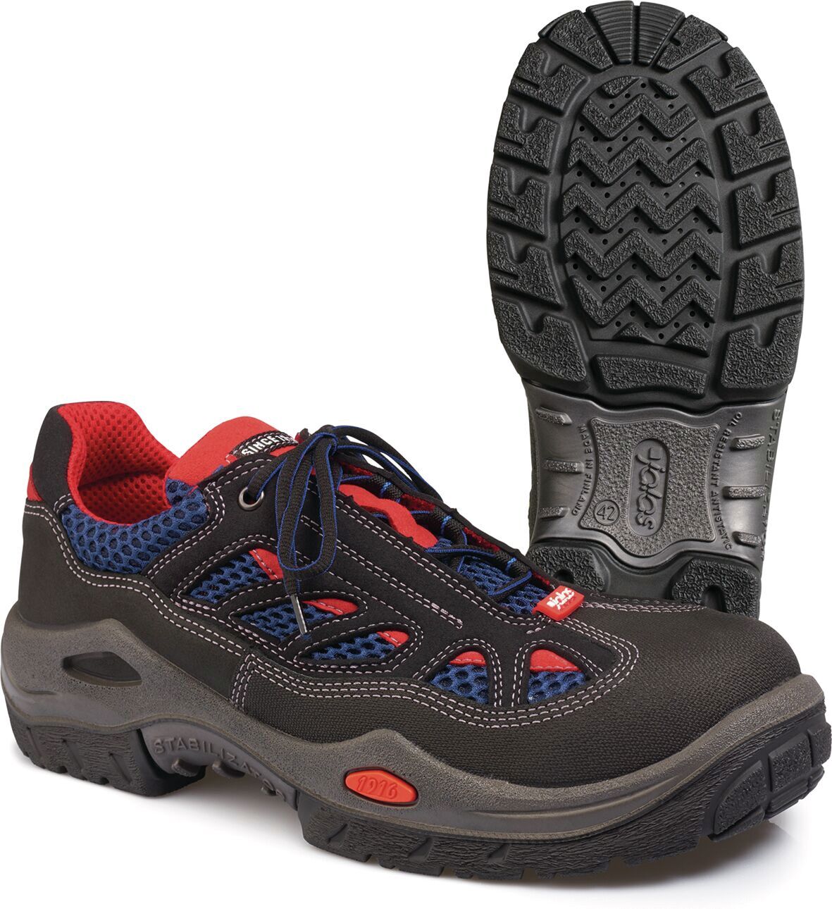 The image shows a dark, sturdy shoe with red and blue mesh material. The sole features a strong, non-slip tread. The shoe is equipped with laces.