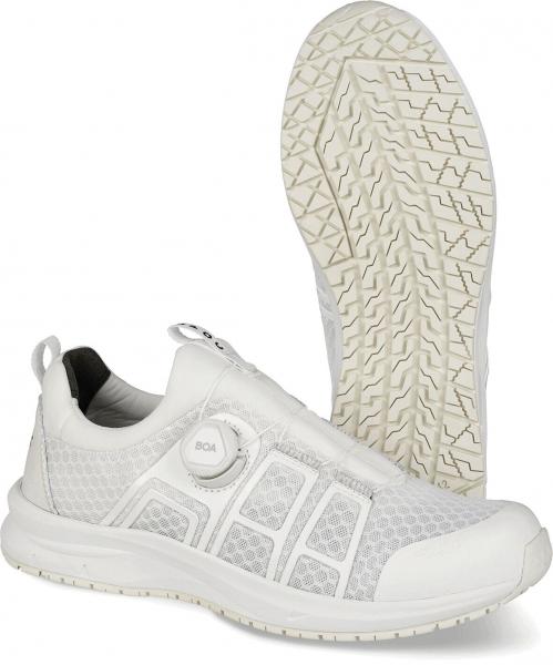 The image shows a sporty, white shoe with a breathable upper and a special lacing mechanism. The sole features a non-slip pattern for good grip.