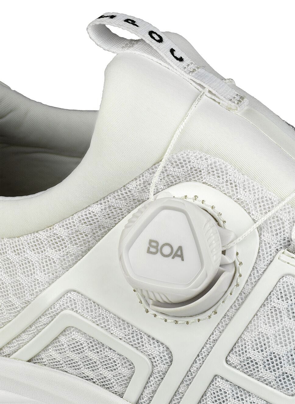 The image shows a white sports shoe with an innovative quick-lacing system. In the center, there is a round twist lock labeled "BOA" that adjusts the lacing.