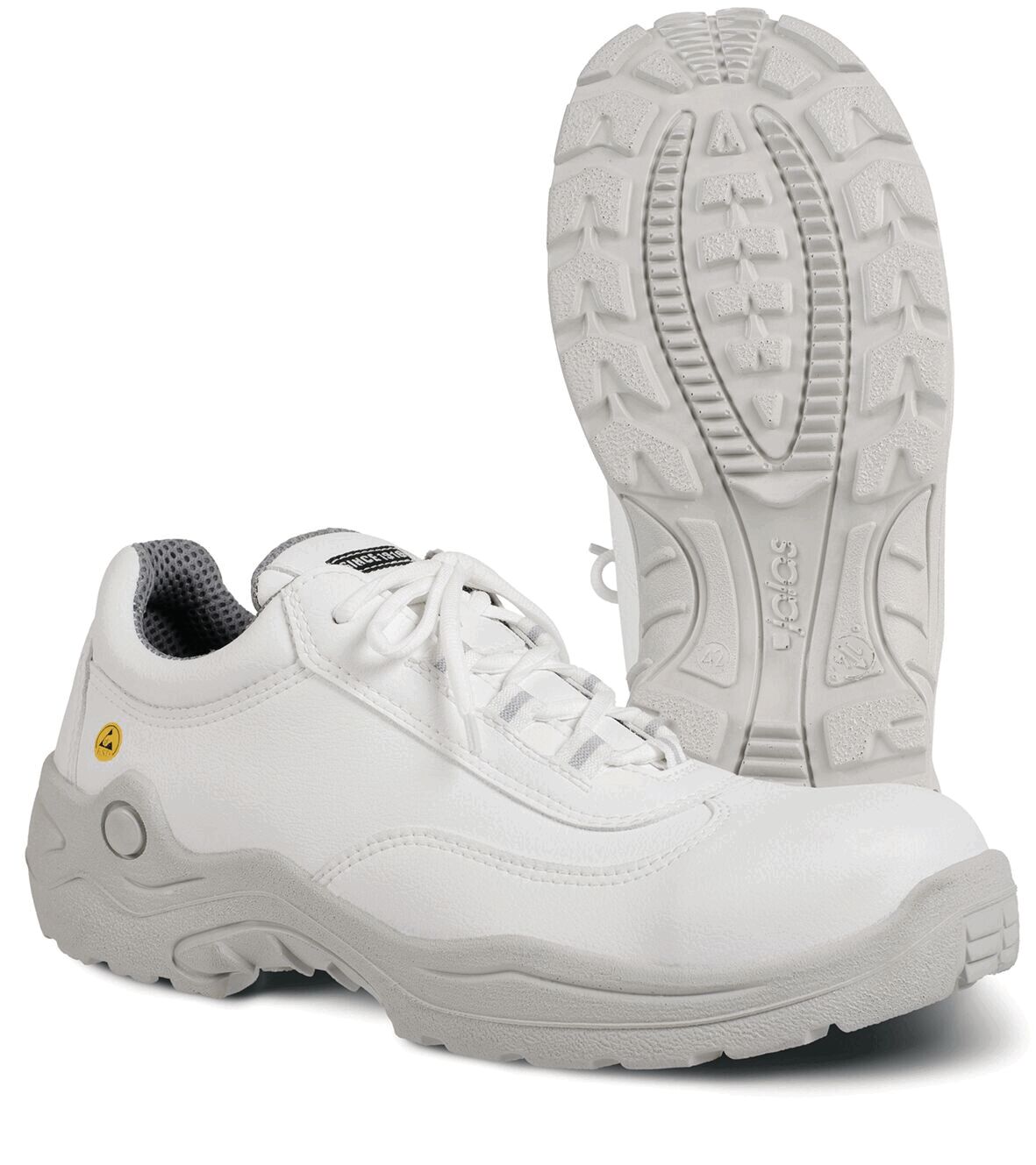 The image shows a white shoe with a flat sole. The shoe has a round shape, laces, and a textured, non-slip bottom. It appears sporty and lightweight.