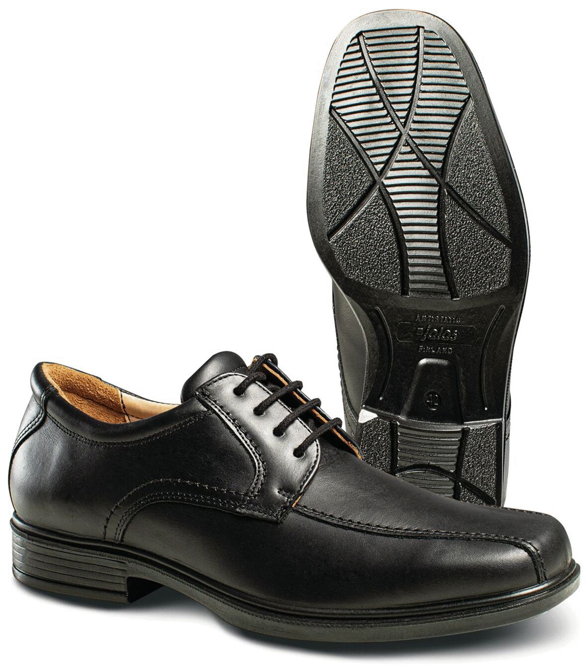 The image displays a black leather shoe with lacing. It has a smooth surface and a slightly textured sole. The heel is lower and the shoe appears elegant and formal.