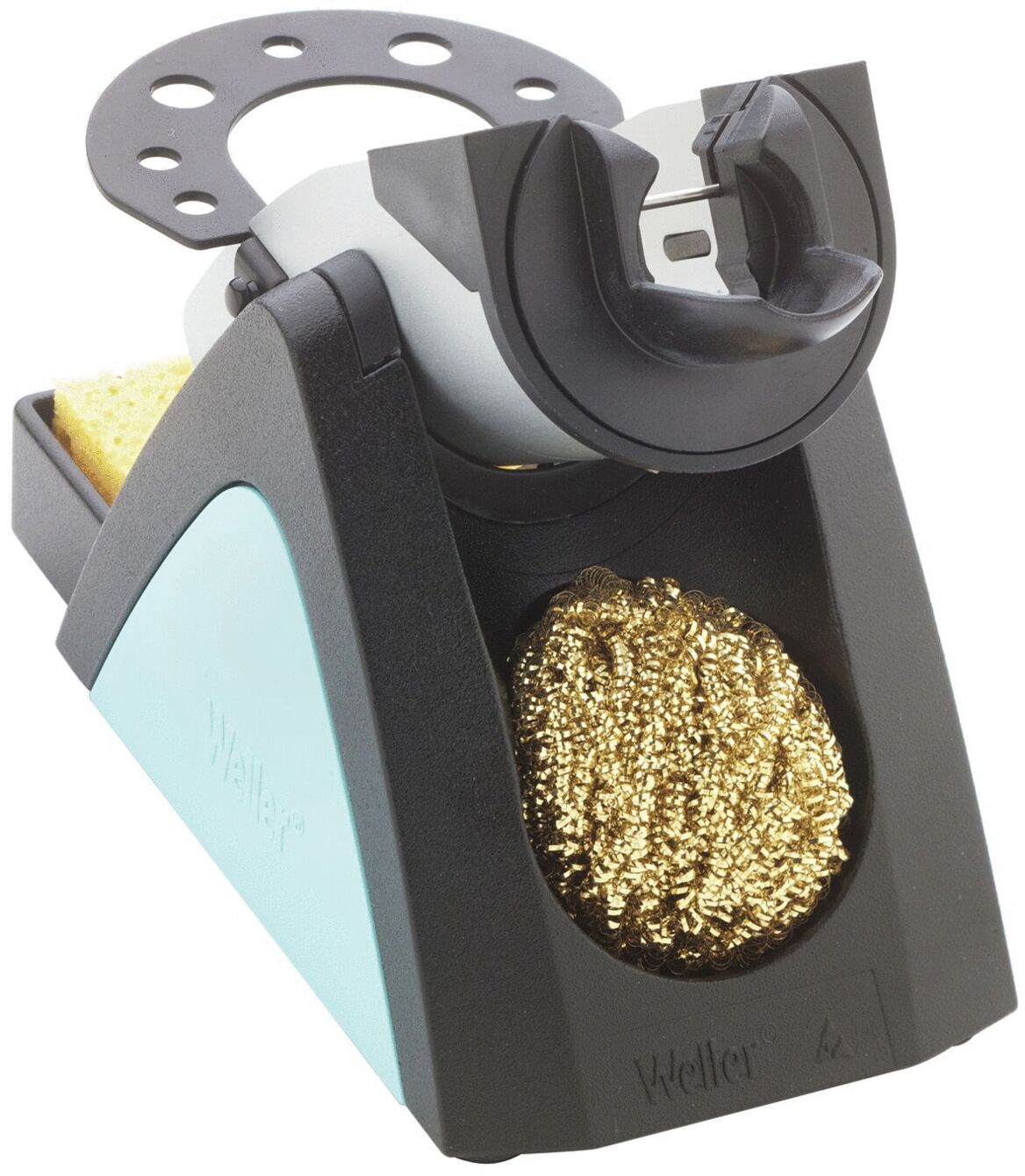 The image displays a soldering iron stand. It features a stable, trapezoidal plastic base, a metallic cleaning spiral, and a sponge in a recess.