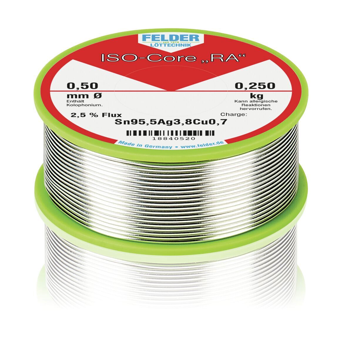 The image shows a spool with solder wire. The wire has a diameter of 0.50 mm and is wound on a green, round spool with a red label.