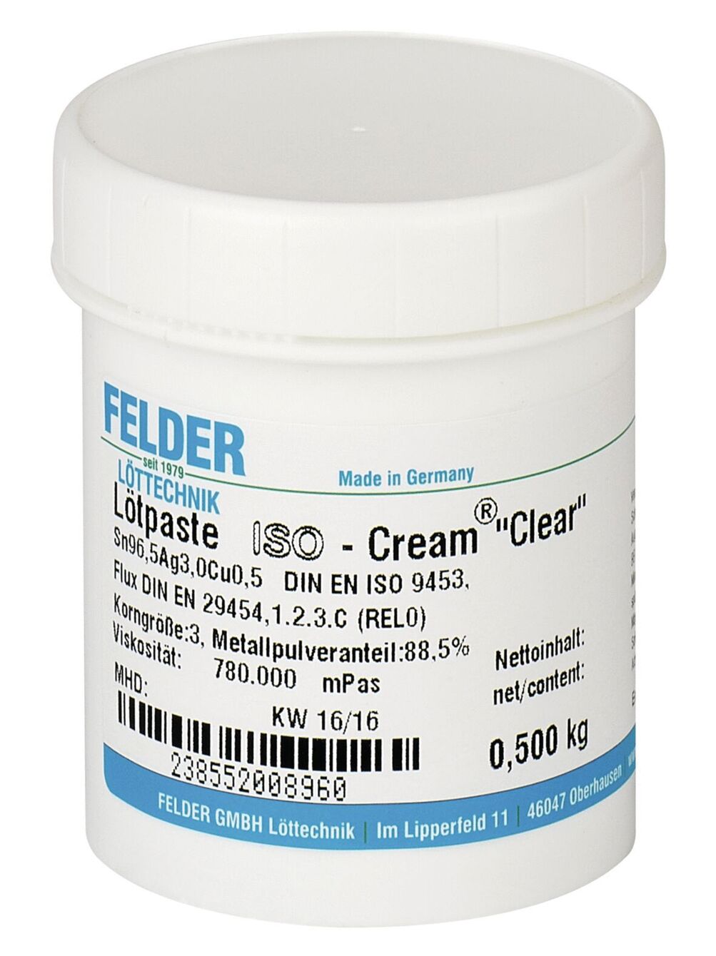 The image shows a round, white plastic pot with a screw lid. It has the inscription "FELDER" and additional information about the solder paste "ISO-Cream Clear". The quantity is 0.5 kg.