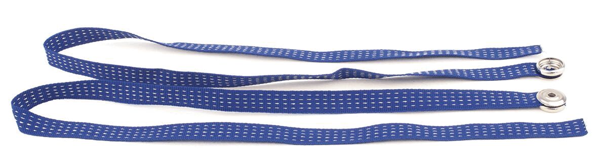 The image shows two elongated, blue ribbons with white dots. At one end, there are two round, silver snap buttons. The ribbons appear soft and flexible.