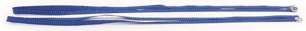 The image shows two long, narrow, blue straps lying parallel to each other. They are made of a woven material and have a buckle at one end.