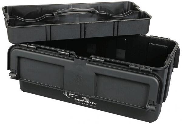 The image shows a black toolbox with a removable lid. The box has a sturdy handle and is rectangular, suitable for storing tools or other items.