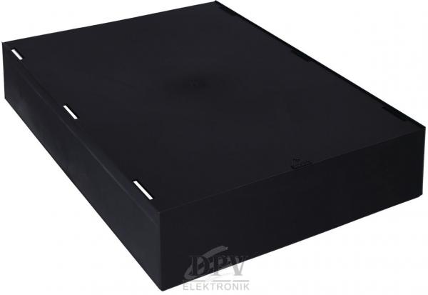 The image shows a flat, rectangular box in black. It has rounded corners and no visible openings or markings. The surface is smooth and uniform.