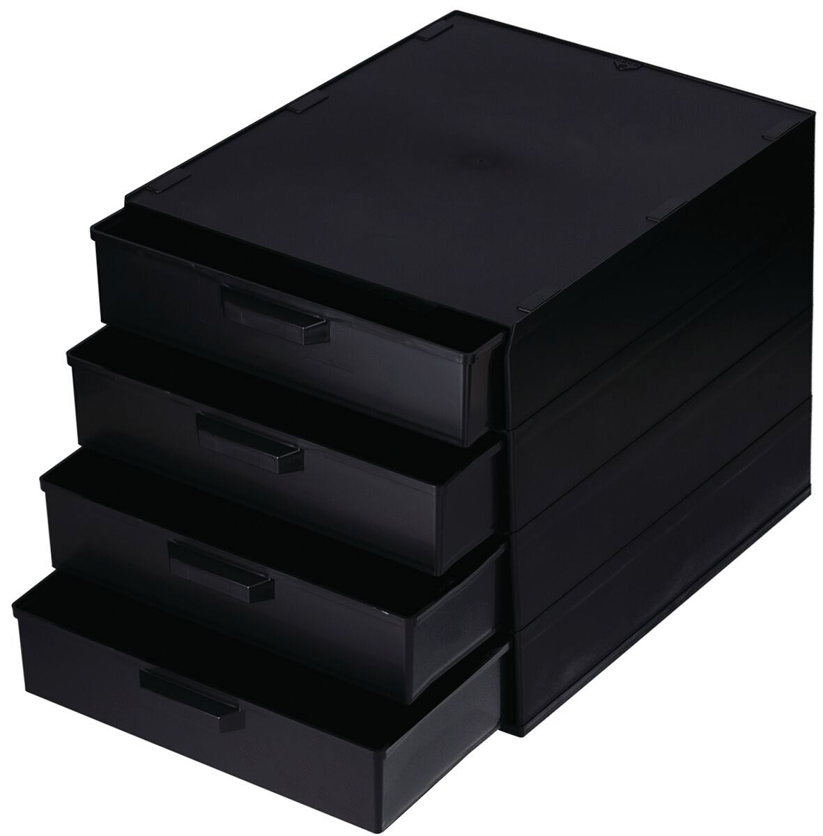 The image displays a black drawer cabinet with four identical drawers stacked on top of each other. Each drawer has a handle and is rectangular. The cabinet appears modern and functional.