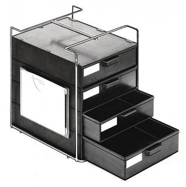 The image shows a compact, black filing cabinet with four drawers. There is a flat opening at the top, followed by three drawers in ascending size below it. The cabinet has a wire frame.