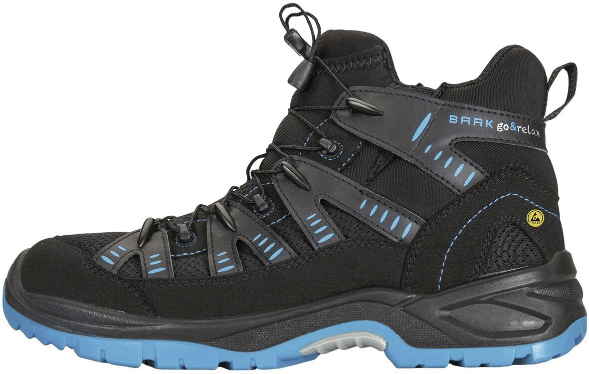 The image shows a black hiking boot with a high upper and blue accents. It features reflective elements and a sturdy sole that provides good grip. Ideal for outdoor sports.