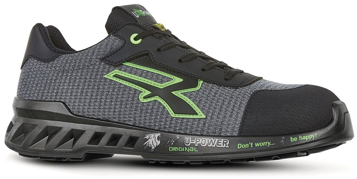 The shoe is sporty and modern, in black and gray with a mesh material. Green accents adorn the design, the sole is stable and textured. The shoe appears sturdy and functional.