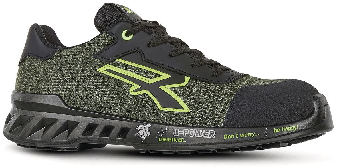 The shoe is a sporty safety shoe in black and dark green. It has a sturdy, profiled sole and a bright green logo on the side. The laces ensure a good fit.