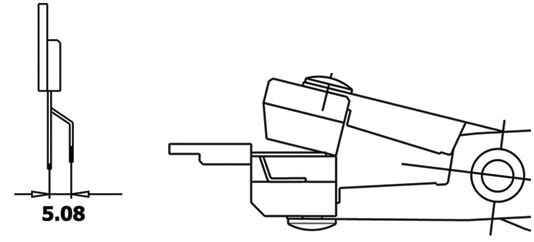 The image shows technical drawings of a component. On the left is the side view with a height of 5.08 mm. On the right is the top view, which shows the shape and details.