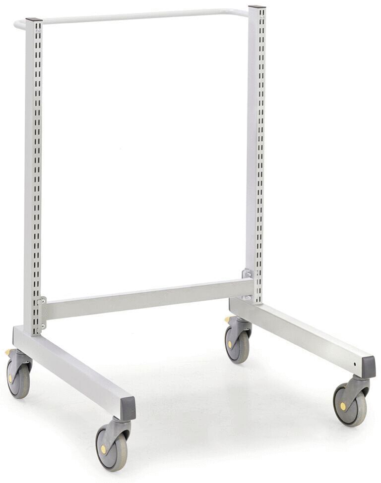 The image displays a mobile clothes rack made of metal. It features two vertical poles with holes for attachment, a horizontal pole at the top, and four wheels for easy mobility.