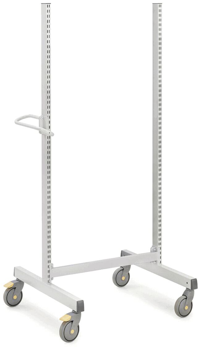 The image shows a simple, white clothes rack on wheels. It features two vertical metal poles and a horizontal support. The wheels are slightly yellowish.