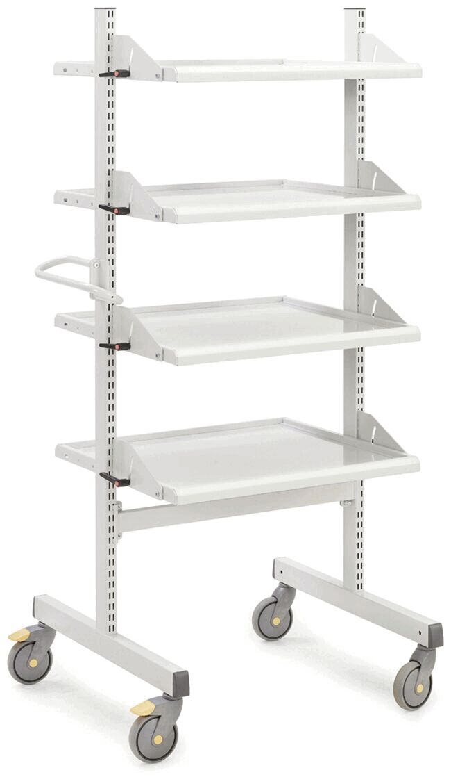 The image shows a mobile trolley with four white shelves. The cart has sturdy casters, a side handlebar, and is made of metal. It is practical for transporting items.