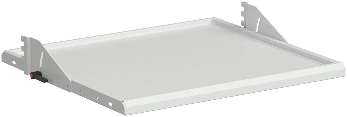 The image shows a gray shelf with two side brackets. It is flat and rectangular, slightly raised at the edges, and has a simple, functional shape.