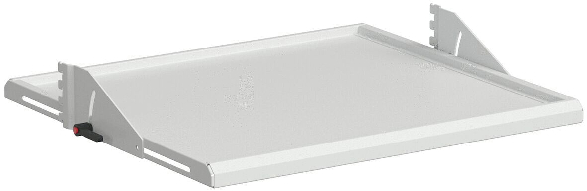 The image shows a flat, rectangular tray in white. It has side mounts and a slanted back. The surface is smooth and provides space for items.