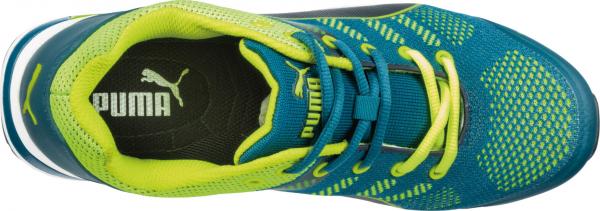 The shoe is sporty and made of lightweight, breathable material. It is blue with yellow accents, has a black insole, and white stripes on the side. The laces are yellow.