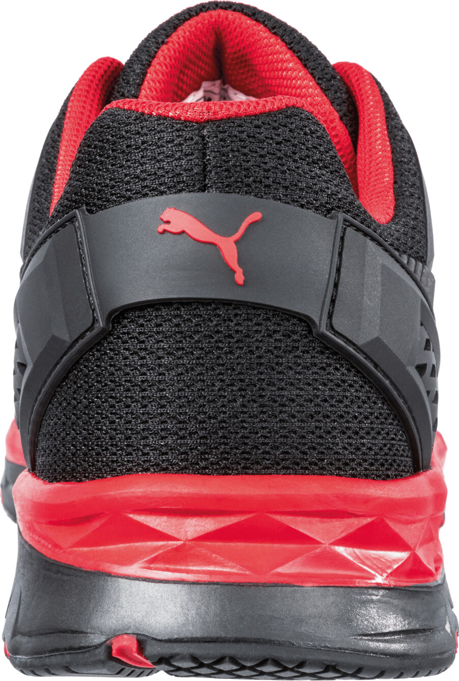 The image shows the rear view of a sports shoe. The shoe is predominantly black with red accents. It has a padded heel and a prominent logo of a famous sports brand manufacturer.