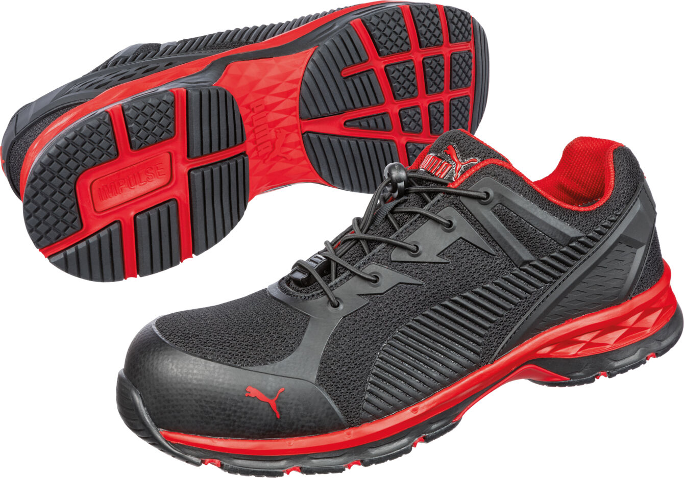 The image displays athletic shoes in black and red. They feature a breathable structure, a grippy sole with a visual tread, and a modern, sleek shape.