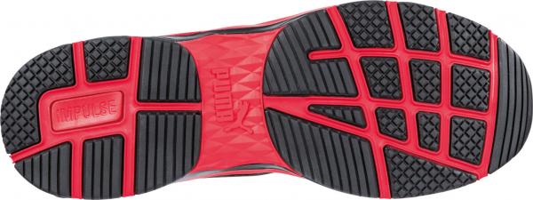 The image shows the underside of a sports shoe with a red-black pattern. The sole has a textured surface with various grooves and patterns for better grip.