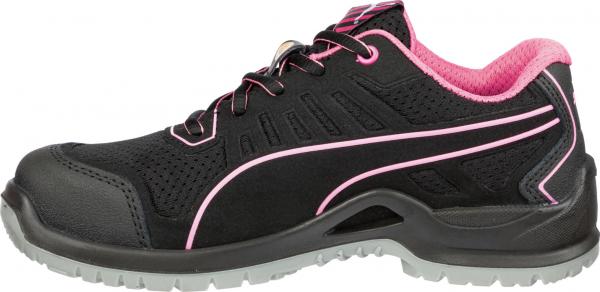 The shoe is black with pink accents. It has a sporty shape, breathable material, and a gray, non-slip sole. The shoelaces are also black.