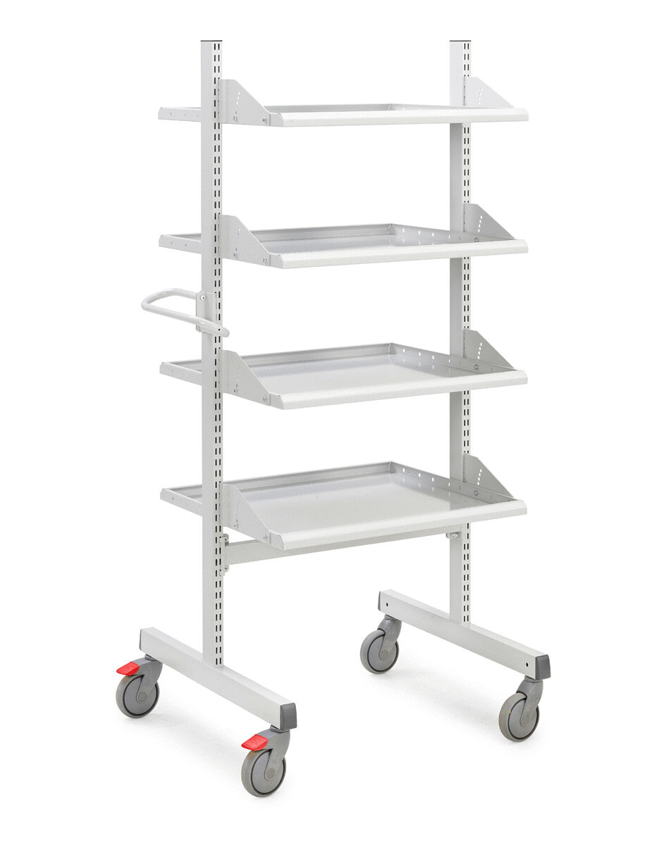 The image shows a mobile shelving unit with four white shelves. It has a sturdy metal frame with vertical rods and casters for easy mobility.