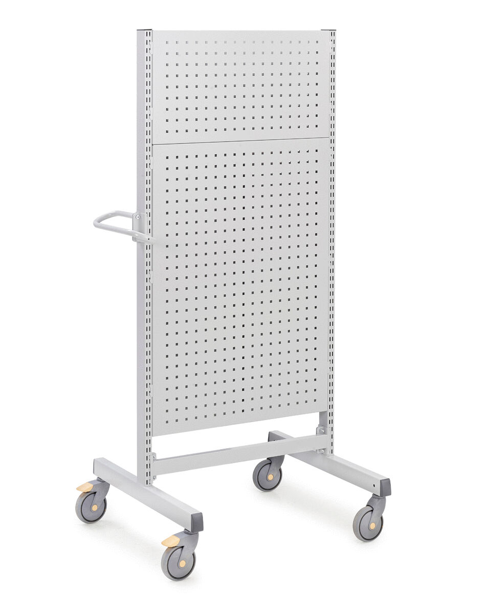 The image shows a mobile shelf made of gray metal with perforated sheet metal. It has a removable or adjustable top shelf and four casters for easy movement. There is a handle on one side.