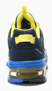 The shoe features a sturdy, cushioned sole in blue and black. The upper is dark blue with yellow accents. The back is raised to provide good support.