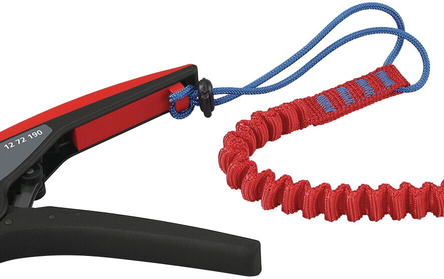 The image shows a dog leash with a handle in black and red. The leash is elastic, red with blue accents, and has a loop for wrist protection.