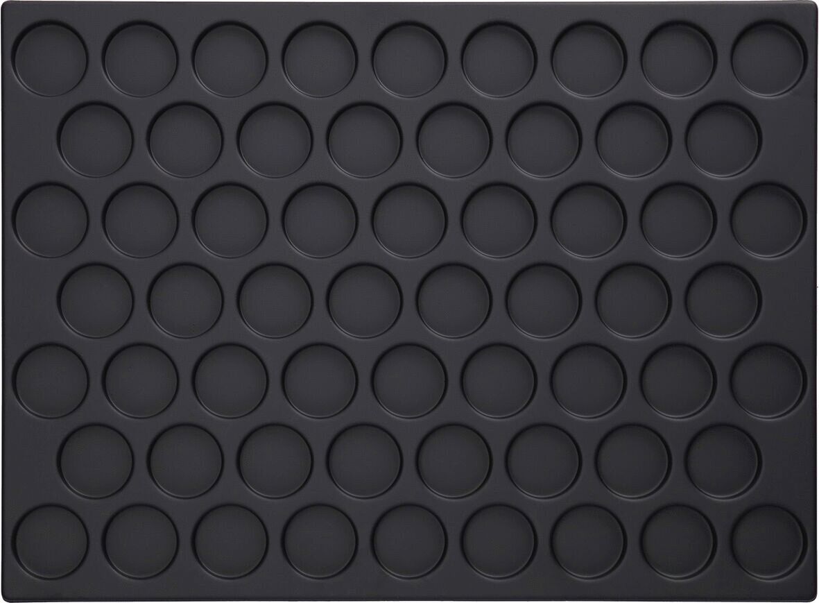 The image displays a flexible baking sheet with 48 circular indentations in a regular pattern. The surface is dark and smooth. Each indentation appears to be of equal size.