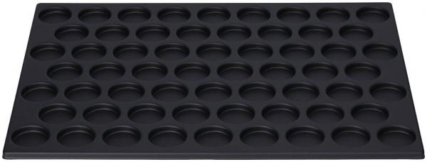 The picture shows a black baking tray with 48 round indentations. It has a flat, rectangular shape and is made of a smooth material. Ideal for baking muffins or similar items.