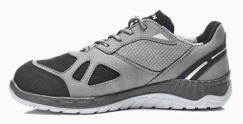 The shoe is a sporty, gray sneaker with black fabric on the tip and side panels. The sole is light, with a sturdy tread for better grip.