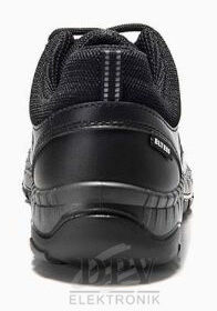 The image shows the rear view of a black athletic shoe with a sturdy sole. The shoe features a simple design and a padded collar for comfort.